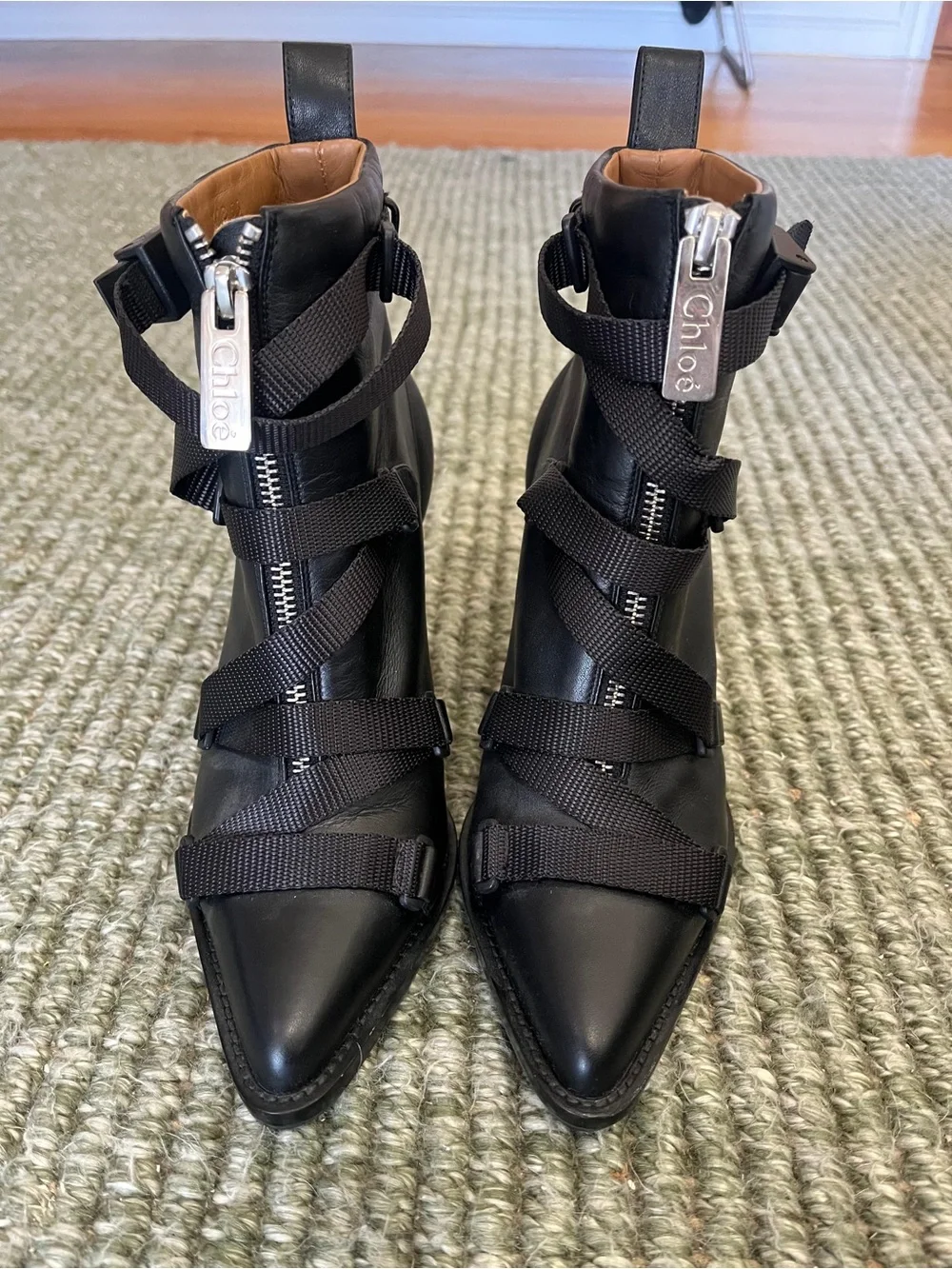 Chloé Black Leather Pointed Ankle Boots with Strap Details
